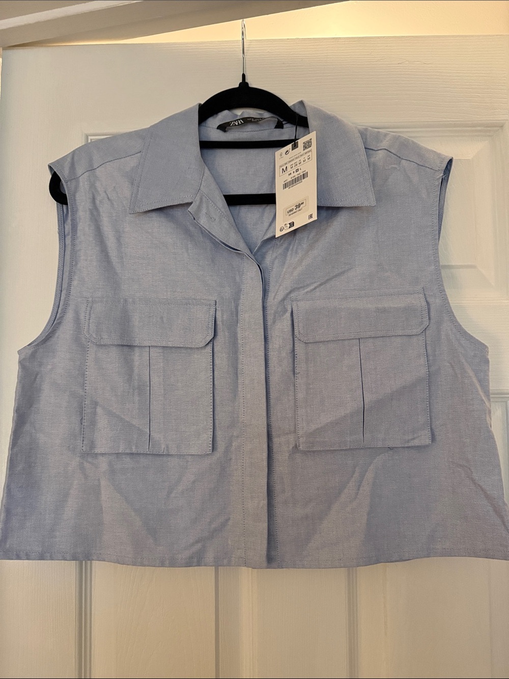Zara Light Blue Sleeveless Utility Crop Top with Flap Pockets